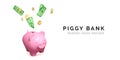 Pink piggy bank and falling green paper money and gold coins. Finance investment banner isolated on white background. Save money Royalty Free Stock Photo