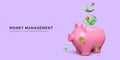 Pink piggy bank and falling twisted green paper money and gold coins. Finance investment banner isolated Royalty Free Stock Photo