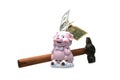 Pink piggy bank in the form of a cute pig, dollar bills and a hammer. Royalty Free Stock Photo