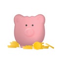 Pink piggy bank in the form of pigs with gold coins. Piggy bank for money with a mountain of coins. Isolated. Vector. Royalty Free Stock Photo