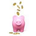 Pink piggy bank front view with falling gold coin. Money savings concept. 3D realistic pretty pig. Finance investment and business