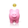 Pink piggy bank front view with falling gold coin. Money savings concept. 3D realistic pretty pig