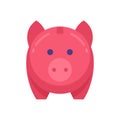 Pink piggy bank front view vector flat illustration. Funny farm animal symbol for financial budget