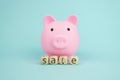 Pink piggy bank with geometric wood blocks cube adt text SALE on blue background. Saving money for sales of the year, black friday