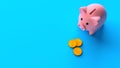 Pink piggy bank with gold coins money on a blue background. Copy space for text. Top view. 3d render Royalty Free Stock Photo
