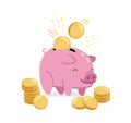 Pink piggy bank and gold coins. Saving money, business concept vector illustration Royalty Free Stock Photo