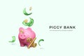 Pink piggy bank with gold percentage sign and golden coins paper currency. Investment and business. Saving money in bank account Royalty Free Stock Photo