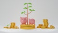 Pink piggy bank on golden coin stack with growing plant from coins isolated on white background Royalty Free Stock Photo