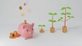 Pink piggy bank and golden us dollar coins falling in and coins stacks with tree growth isolated on white background Royalty Free Stock Photo