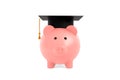 Pink piggy bank with graduation cap on isolated white background. Student loan payment, scholarship or college investment. Royalty Free Stock Photo