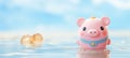 Pink piggy bank half submerged in blue water debt, bankruptcy, and financial loss concept