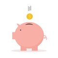 Pink piggy bank icon and dollar coin icon put into piggy bank