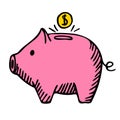 Pink piggy bank isolated on white background. Box for safe savings, coins, cash, gold. Money pig in doodle style Royalty Free Stock Photo