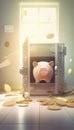 Pink piggy bank with many gold coins in a jackpot treasure concept