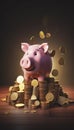 Pink piggy bank with many gold coins in a jackpot treasure concept