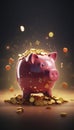 Pink piggy bank with many gold coins in a jackpot treasure concept