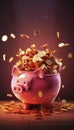 Pink piggy bank with many gold coins in a jackpot treasure concept