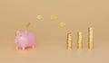 Pink piggy bank with many gold coins stacked beside the bank on golden background