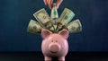 Pink Piggy bank money concept on dark blue background Royalty Free Stock Photo