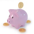 Pink piggy bank and one golden bitcoins on white background. Accumulation concept. 3d rendering. Royalty Free Stock Photo