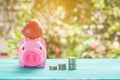 pink piggy bank over coins stack, saving money Royalty Free Stock Photo