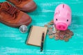 pink piggy bank over coins stack, saving money Royalty Free Stock Photo