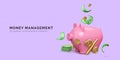 Pink piggy bank with percent sign and falling gold coins and green dollar bills. Money management concept Royalty Free Stock Photo