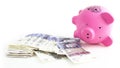 Pink Piggy Bank with a pile of banknotes