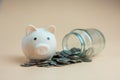 Pink piggy bank with a pile of coins from a glass bottle. Earning interest on savings Royalty Free Stock Photo