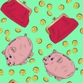 Pink piggy bank and retro style purse with golden coins pour into it, hand drawn doodle sketch, seamless pattern design on green Royalty Free Stock Photo