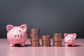 Pink piggy bank on the right side, To the left of the piggy bank are stacks of coins in ascending order Royalty Free Stock Photo