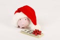 Pink piggy bank with Santa Claus hat and stack of money american hundred dollar bills with red bow Royalty Free Stock Photo