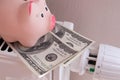 Pink piggy bank saving electricity and heating costs, close up Royalty Free Stock Photo