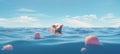 Pink piggy bank sinking in blue water debt, bankruptcy, and loss of money concept with blue sky