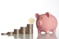 Pink piggy bank and stack of coins growing up with two euro coin Royalty Free Stock Photo