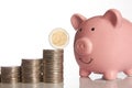 Pink piggy bank and stack of coins growing up with two euro coin Royalty Free Stock Photo