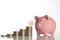 Pink piggy bank and stack of coins growing up with two euro coin Royalty Free Stock Photo