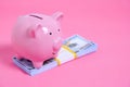 Pink Piggy Bank and a Stack of Hundred Dollar Bills on a Pink Background Royalty Free Stock Photo