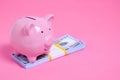 Pink Piggy Bank and a Stack of Hundred Dollar Bills on a Pink Background Royalty Free Stock Photo