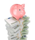 Pink piggy bank and stacks of euro.
