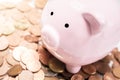 Pink Piggy Bank Standing On Coins - Money Saving Concept Royalty Free Stock Photo