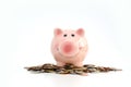 Pink piggy bank standing on a pile of coins and bills, suggesting money savings concept