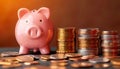 Pink piggy bank stands next to stacks of coins in an illustration of saving money, current inflation design Royalty Free Stock Photo