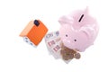 Pink piggy bank with sterling cash and model home