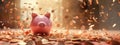 A pink piggy bank surrounded by coins evoking a sense of savings and wealth