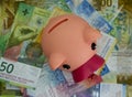 Pink piggy bank with swiss money and currency of switzerland. Swiss francs. Money of Switzerland Royalty Free Stock Photo