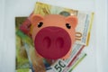 Pink piggy bank with swiss money and currency of switzerland. Swiss francs. Money Switzerland Royalty Free Stock Photo