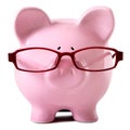 Pink piggy bank wearing glasses isolated white old age pension concept Royalty Free Stock Photo