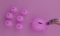 Pink piggy bank Will be smashed with a metal hammer, wooden handle. Pastel pink background. 3D Rendering