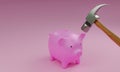 Pink piggy bank Will be smashed with a metal hammer, wooden handle. Pastel pink background. 3D Rendering